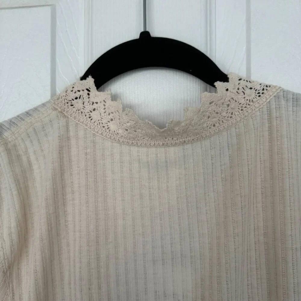 NWT, Free People Third Date Top, Crocheted Hem, Almond / Off-white Color, L